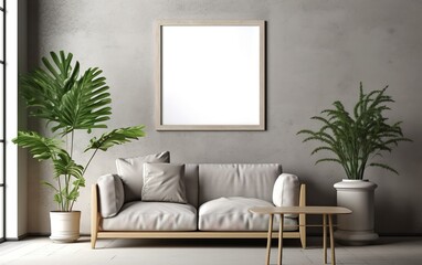 Living room with mockup frame on the beige wall, decorated with beige textured sofa, green plants in vase. Minimalist design scene with a modern coffee table