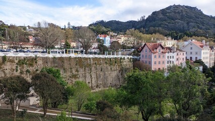 Highlands, houses, pedestrian street, blue sky, large park in the tourist spot of Sintra in Portugal