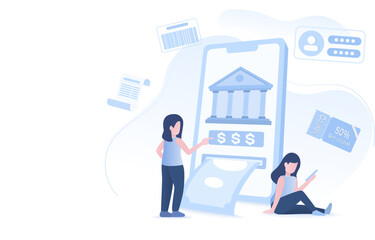 Online banking concept through a mobile application. Banking functions such as expense reporting, online sales promotions and coupon discounts, deposit and withdraw anytime and anywhere.