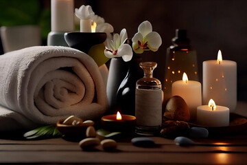 Spa background concept. Towel, candles and black hot stones. Beauty spa treatment and relax