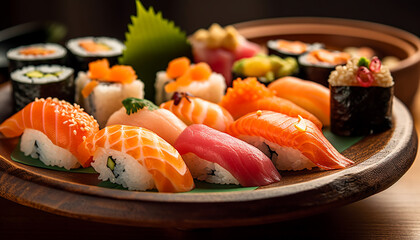 Fresh seafood plate with sashimi, maki sushi, and nigiri variations generated by AI