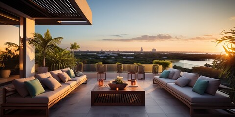 Luxurious penthouse terrace with amazing view, generative ai - obrazy, fototapety, plakaty