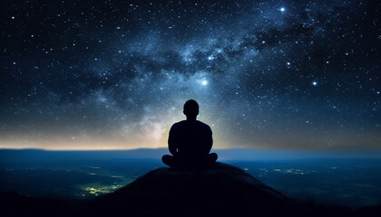Fototapeta na wymiar One person sitting in lotus position, meditating under starry night generated by AI