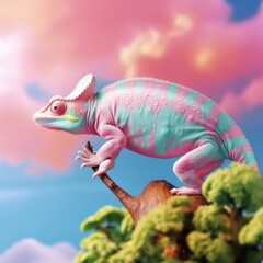 Fototapeta premium Chameleon sitting on a branch of a deciduous tree with green leaves in rain forest. Close up. Generative Ai.