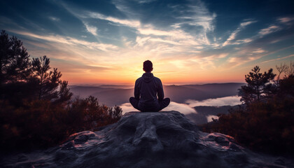 One person meditating in lotus position at mountain peak generated by AI