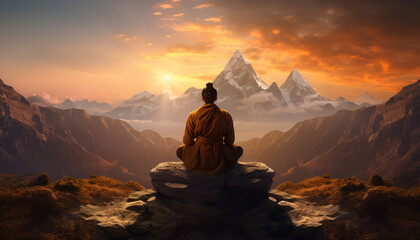 Fototapeta premium One person meditating on mountain peak, praying for spiritual success generated by AI