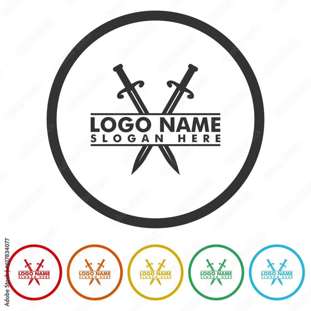 Poster sword design logo template. set icons in color circle buttons