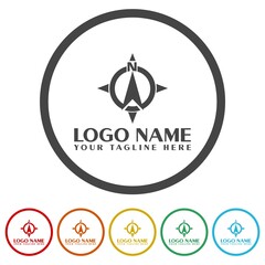 Compass Navigation Logo Template. Set icons in color circle buttons