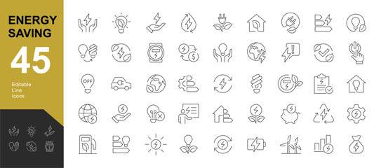 Energy Saving Line Editable Icons set. Vector illustration in modern thin line style of eco related icons: Energy Costs, Power Consumption Level, Green House and more. Pictograms and infographics