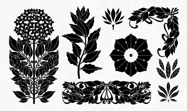 Floral bay leaf in art nouveau 1920-1930. Hand drawn in a linear style with weaves of lines, leaves and flowers.