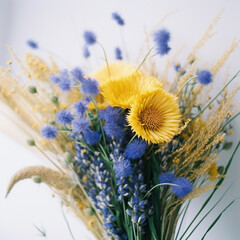 Bouquet of wild flowers of blue cornflowers and yellow spikelets, beautiful cute gift, close-up on white, generative ai