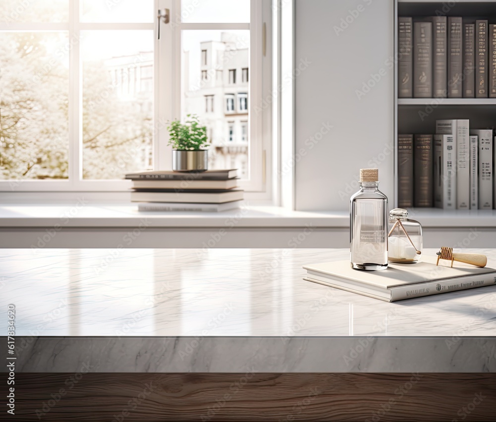Aufkleber a white marble counter top with books on it with a window generative ai