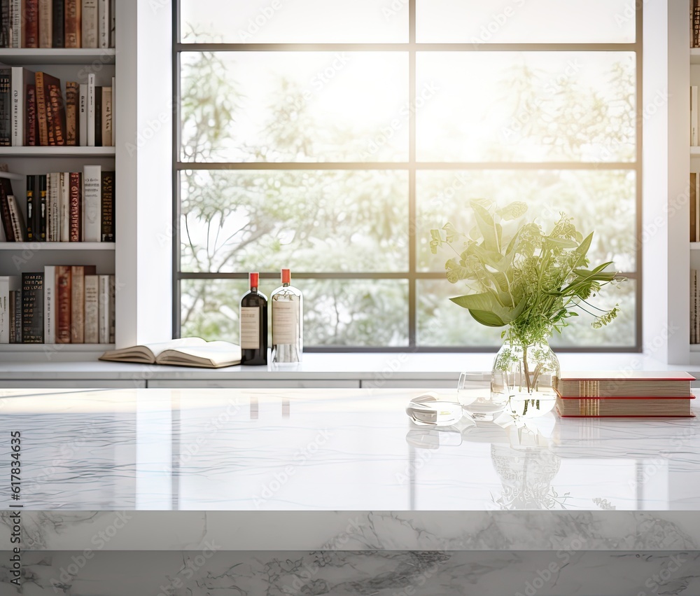 Aufkleber a white marble counter top with books on it with a window generative ai
