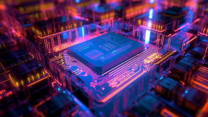 Close up of a microchip circuit interior of a computer with neon lights in detail. Generative AI