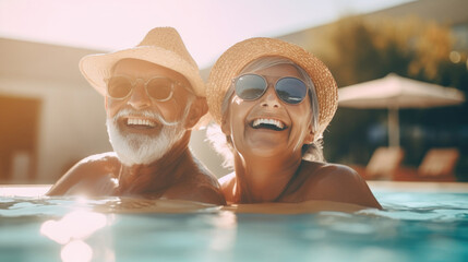 Two seniors or mature people together hugged in the blue water of the swimming pool . Generative AI