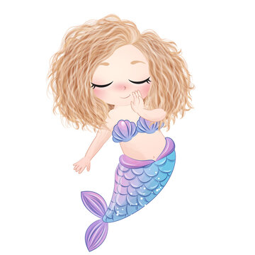 Cute mermaid poses watercolor illustration