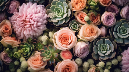 Colorful fresh peony and roses flowers with succulents. Floral background. Generative AI
