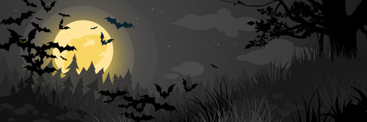 Halloween banner with black bats on black Moon background, Illustration with place for text.
