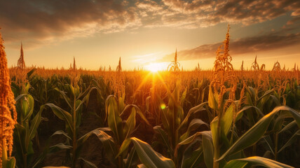 Corn cobs in corn plantation field with sunrise background. Generative AI - obrazy, fototapety, plakaty