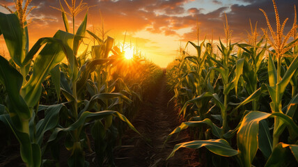 Corn cobs in corn plantation field with sunrise background. Generative AI
