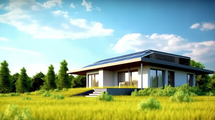 Fototapeta na wymiar Eco friendly house with copy space and green environmental background. Generative AI