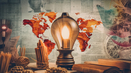 Education and Intelligence Collage with Global Travel Theme, bulb, light, map. Generative AI