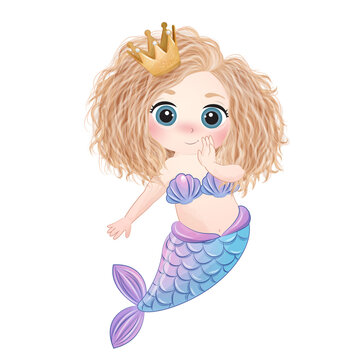 Cute mermaid poses watercolor illustration