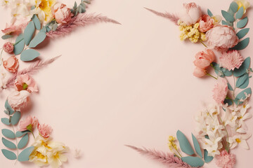 Fototapeta na wymiar Festive feminine floral frame mockup. Pastel coloured flowers border on beige background. Flat lay, copy space.