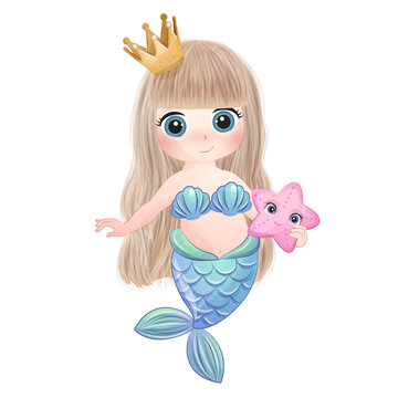 Cute Mermaid with starfish watercolor illustration
