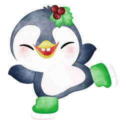 Cute and Happy Penguin Watercolor Illustration and Festive Christmas Art