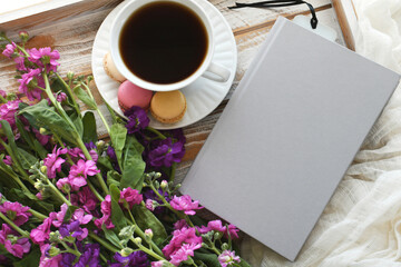 Book cover mock up - plain book with pastel flowers macarons, spring
