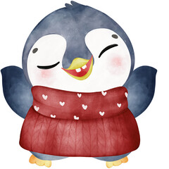 Cute and Happy Penguin Watercolor Illustration and Festive Christmas Art