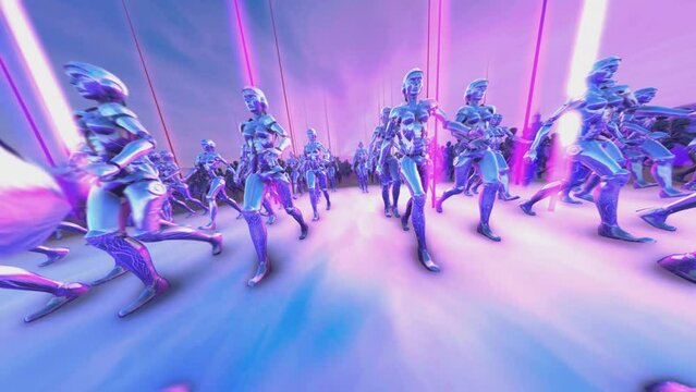 Seamless animation of an army of female robots walking in a purple futuristic sci-fi background.