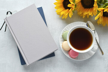 Book cover mock up - plain book with sunflowers macarons 