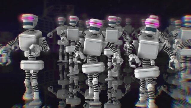 Seamless animation of a army of walking robots . Funny futuristic sci-fi background.
