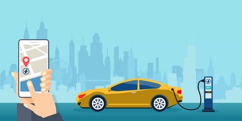 Naklejka premium proprietario dell'auto elettrica che utilizza lo smartphone per CARICARE START la stazione di ricarica in città - illustrazioni