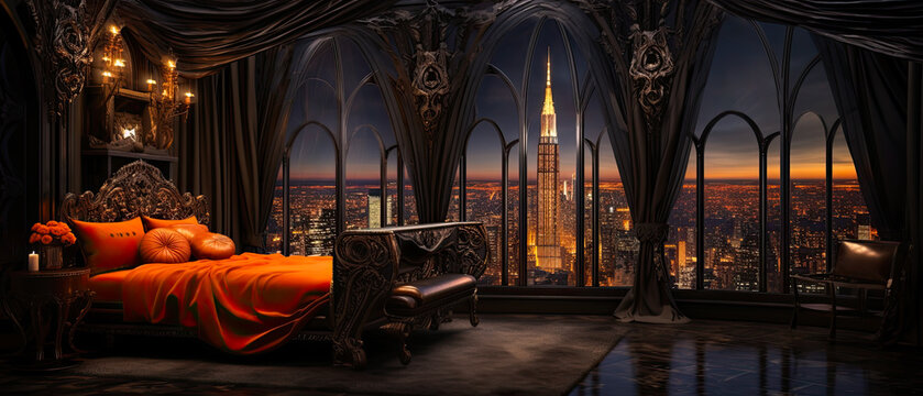 Naklejka Luxury penthouse gothic hotel room with stylish, chic, and classic interior design. Stunning city views of a city skyline with an upscale experience.