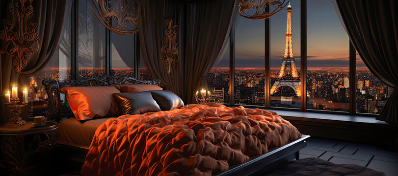 Luxury penthouse hotel room with stylish, chic, and modern interior design. Stunning city views of the parish skyline, and upscale experience.