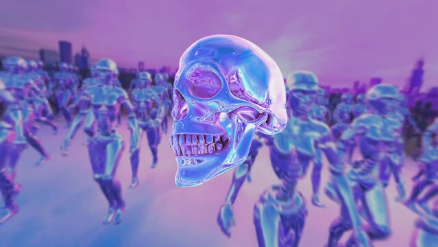 Seamless animation of purple metal skull. Retrofuturistic Halloween background