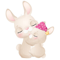 Obraz na płótnie Canvas Cute rabbit and baby rabbit sleeping hug watercolor illustration