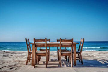 Fototapeta premium Chair and table dinning on the beach and sea with blue sky photography