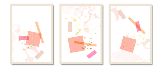 Poster set, minimal and gold abstract wall art. Soft tone pink handmade geometric square for wall prints, canvas prints, posters, home decor, covers, wallpapers.