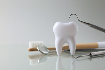 Dentistry concept. Model of a tooth and dental instruments on a light background with space for...