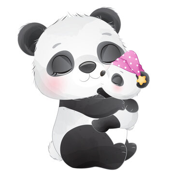 Cute panda and baby panda sleeping hug watercolor illustration