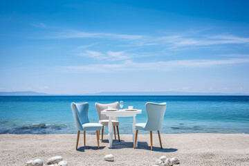 Fototapeta na wymiar Chair and table dinning on the beach and sea with blue sky photography