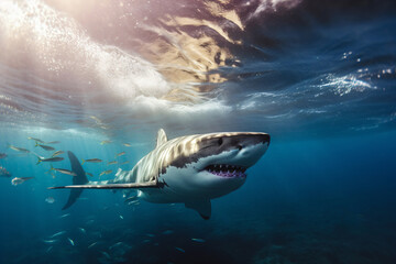 Fototapeta premium great white shark swimming in the deep blue ocean, generative ai