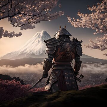 a heavy armored and battlescarred samurai standing on a hill next to a sakura tree overlooking a battlefield in feudal japan with mount fuji in the background high definition phto realistic 8k 