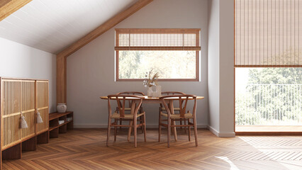 Minimal wooden dining room with sloping ceiling and window in white tones. Classic table and chairs. Japandi scandinavian style, attic interior design