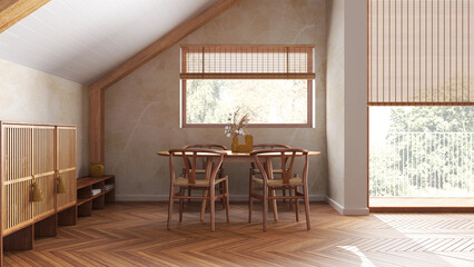 Minimal wooden dining room with sloping ceiling and window in white and yellow tones. Classic table and chairs. Japandi scandinavian style, attic interior design