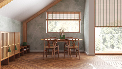 Minimal wooden dining room with sloping ceiling and window in white and green tones. Classic table and chairs. Japandi scandinavian style, attic interior design